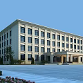 Modern Light Colored Office Building With Numerous Windows Symmetrical Design And Front Plaza Greenery