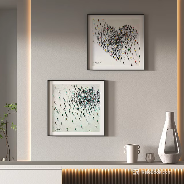 Abstract Paintings With Heart Shape Formed By Small Figures On Interior Wall 3d model