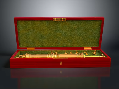 Vintage Cosmic Astronomical Telescope In Open Red Wooden Case With Green Velvet Lining 3d model