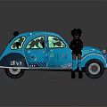Light Blue Vintage Car With BEV Logo Decorative Patterns And Cartoon Character Standing By