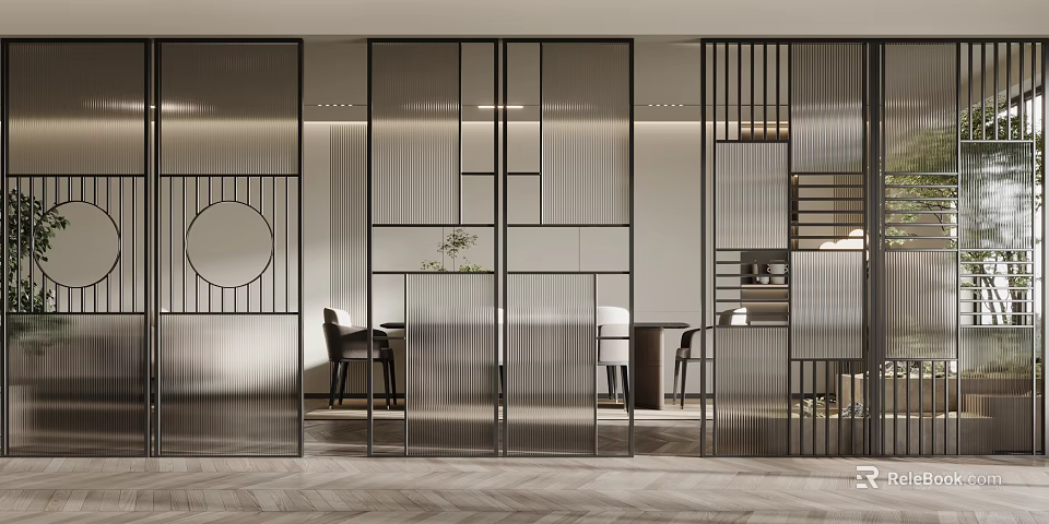 Modern Glass Room Divider With Metal Frame And Geometric Panels Separating Living Dining Space 3d model 