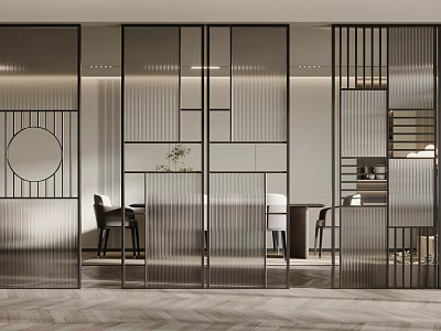 Modern Glass Room Divider With Metal Frame And Geometric Panels Separating Living Dining Space 3d model