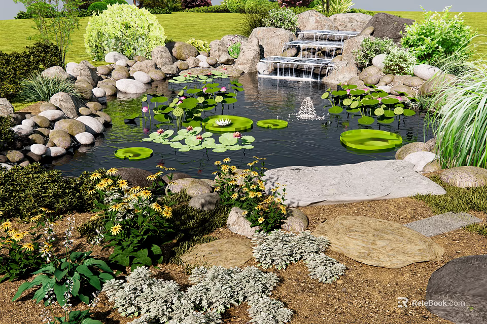 Tranquil Garden Landscape With Pond Water Lily Pads Small Waterfall Rocks And Flowers 3d model 