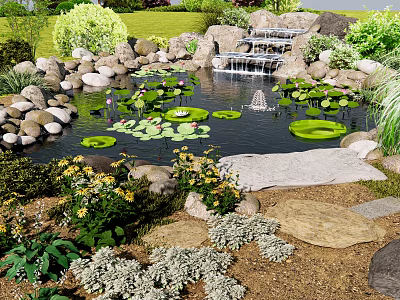 Tranquil Garden Landscape With Pond Water Lily Pads Small Waterfall Rocks And Flowers 3d model