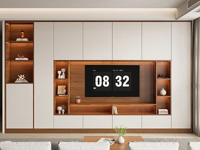 Modern TV Wall Unit Design With Wooden White Finish Open Shelves And Decorative Items 3d model