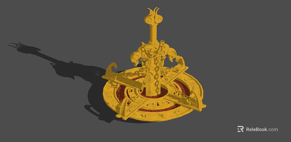 Golden Decorative Ornament With Intricate Symmetrical Structure And Chains On Circular Base 3d model 