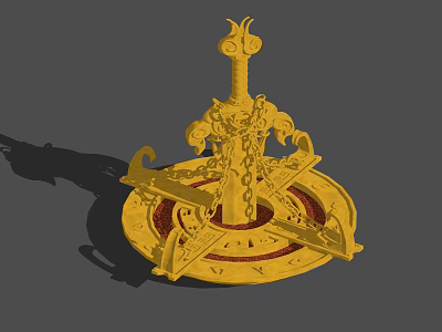 Golden Decorative Ornament With Intricate Symmetrical Structure And Chains On Circular Base 3d model