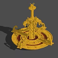 Golden Decorative Ornament With Intricate Symmetrical Structure And Chains On Circular Base
