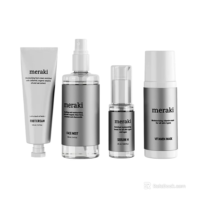 Meraki Skincare Products Including Face Cream Face Mist Serum and Vitamin B5 3d model 