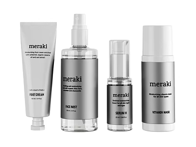 Meraki Skincare Products Including Face Cream Face Mist Serum and Vitamin B5 3d model