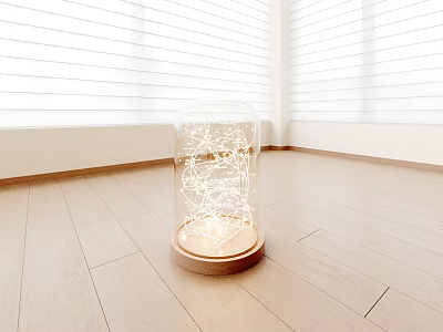 Decorative Light in Glass Dome with String Lights Inside on Wooden Base and White Blinds 3d model