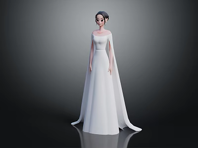 3D Female Character In White Long Dress And Cloak With Dark Background Reflective Floor 3d model