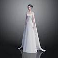 3D Female Character In White Long Dress And Cloak With Dark Background Reflective Floor