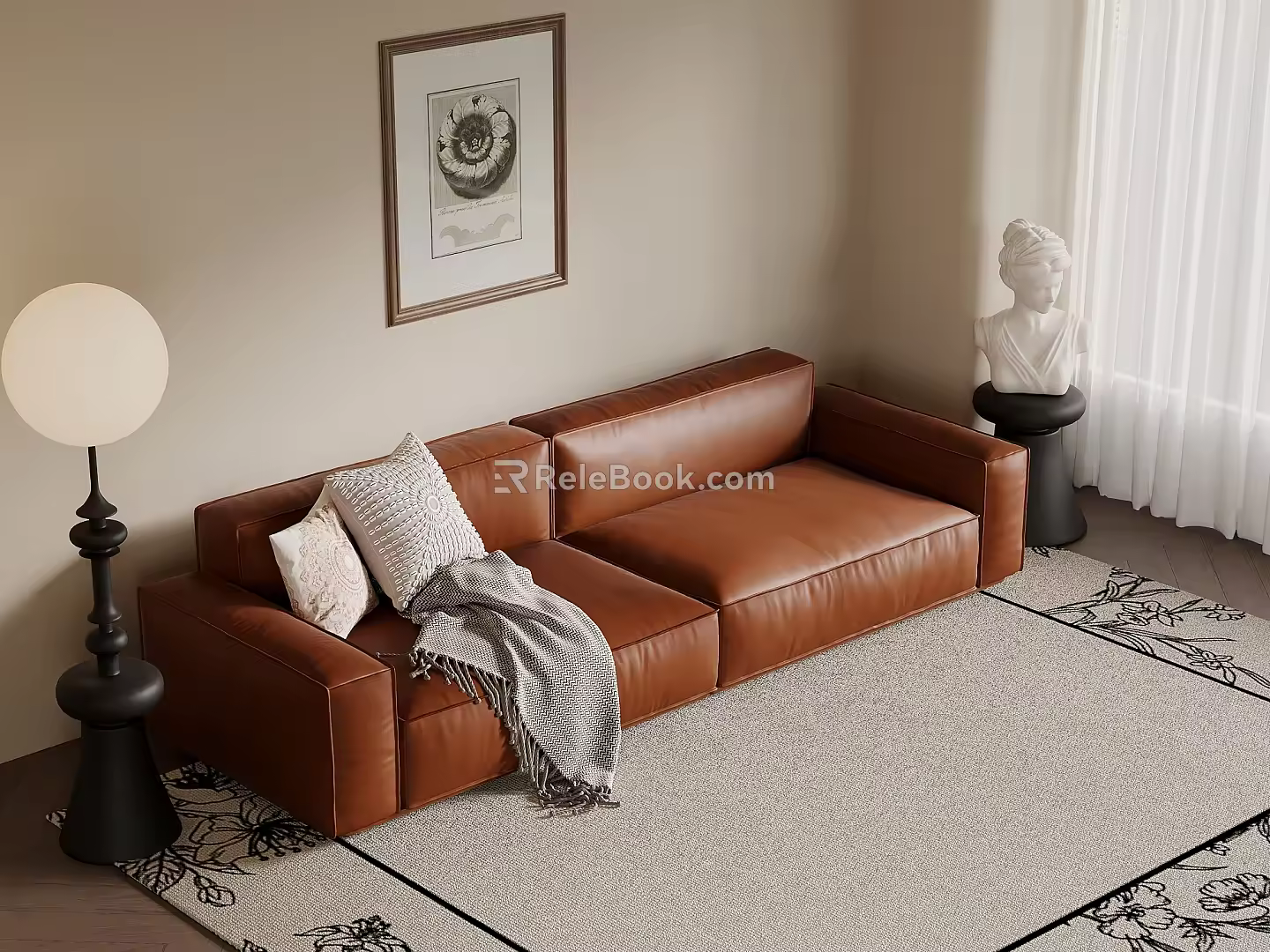 French retro style multi-person sofa leather sofa side floor lamp 3d model