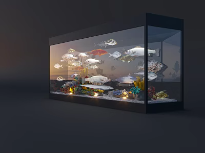 Modern Aquarium Fish Tank With Various Fish Species Corals And Illuminated Decorations 3d model