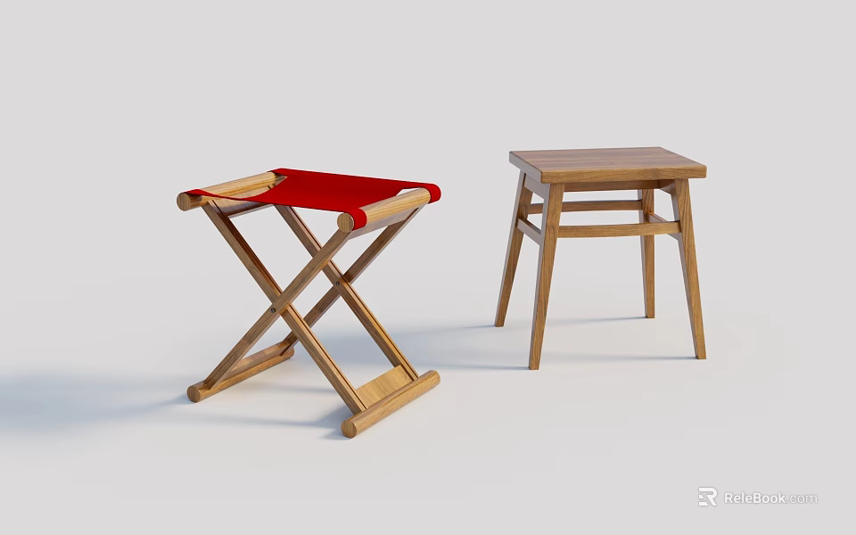 Two Wooden Stools Featuring Folding Cross Leg Design Red Seat And Square Top Structure 3d model 