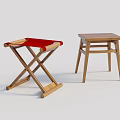 Two Wooden Stools Featuring Folding Cross Leg Design Red Seat And Square Top Structure