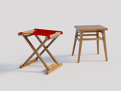 Two Wooden Stools Featuring Folding Cross Leg Design Red Seat And Square Top Structure 3d model