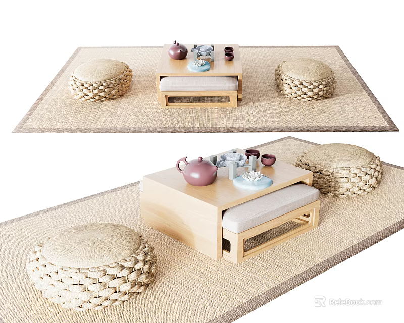 Natural Wooden Tea Table With Woven Stools Cushioned Seats And Tea Set On Mat 3d model 