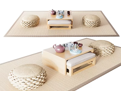 Natural Wooden Tea Table With Woven Stools Cushioned Seats And Tea Set On Mat 3d model