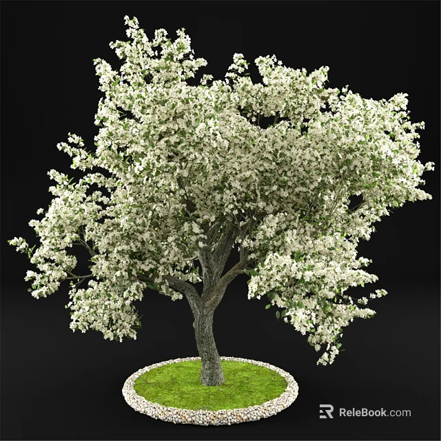 Ornamental Tree Decoration Set With White Flowers And Green Grass Base For Home Decor 3d model 