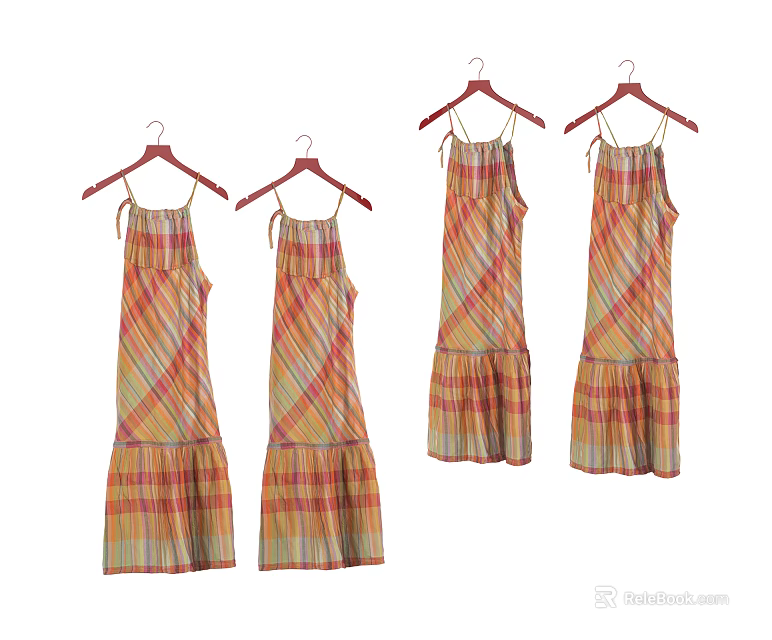 Colorful Plaid Sleeveless Dresses With Ruffled Hem Design For Women 3d model 