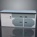 Modern White And Gray Storage Cabinet With Drawers Doors And Reflective Top Surface