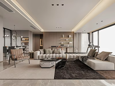 Modern Living and Dining Room Interior With Sofa Coffee Table Dining Chairs And Lighting 3d model