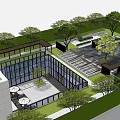 Modern Garden Landscape Design With Water Feature Pavilion Trees Glass Structure And Stone Pathway