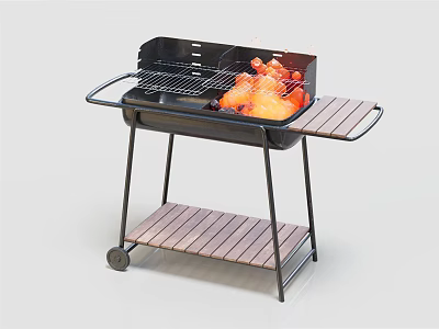 Portable Outdoor Grill With Wheels And Wooden Shelves For Cooking Food With Flame 3d model