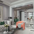 Elegant Modern Living Dining Room With White Sofa Blue Bench TV Wall And Decorative Painting