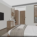 Modern Elegant Hotel Room Interior With Wooden Bed Nightstand Decorative Art Wooden Flooring And Area Rug
