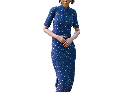 A Woman Wearing a Traditional Blue Qipao With White Polka Dots 3d model