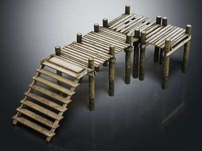 Rustic Wooden Pier Structure With Stairs Planks And Support Posts 3d model