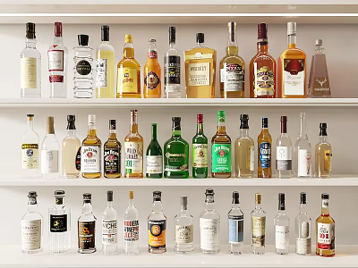 Elegant Wine Bottles and Glasses Display on Shelves for Home Bar Interior 3d model