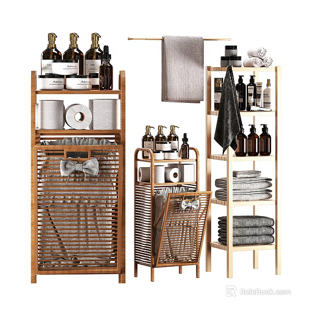Multi layer Wooden Storage Racks For Bathroom Towels Toiletries And Roll Paper 3d model 