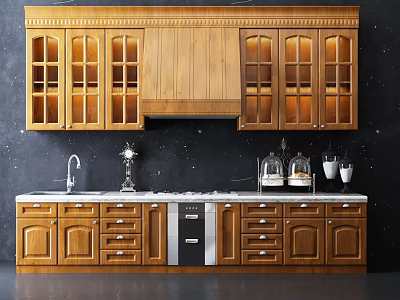 Wooden Kitchen Cabinets With Glass Door Upper Units Drawers And Marble Countertop 3d model