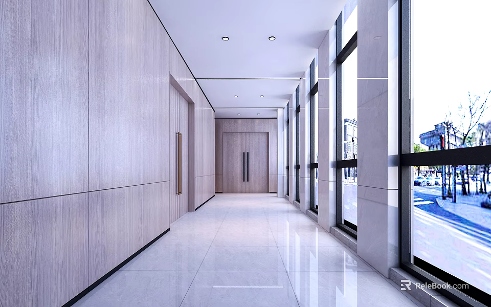 Modern Office Corridor With Bright Marble Floor Wooden Walls And Large Glass Windows 3d model 