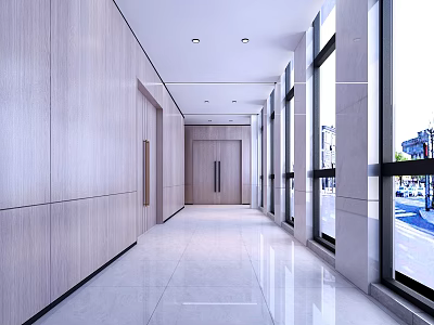 Modern Office Corridor With Bright Marble Floor Wooden Walls And Large Glass Windows 3d model
