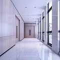 Modern Office Corridor With Bright Marble Floor Wooden Walls And Large Glass Windows