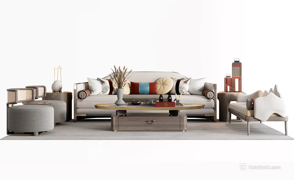 Modern Sofa and Coffee Table Set With Colorful Pillows Decorative Items and Side Table 3d model