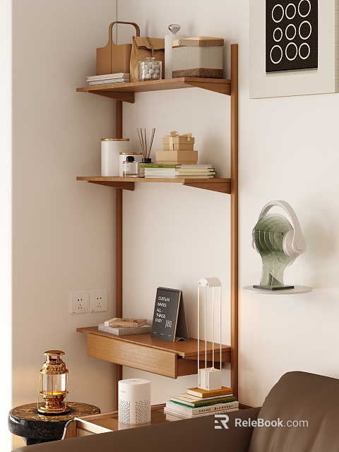Wooden Bookcase With Shelves Books Decorations Table Lamp And Headphone Shaped Decor 3d model 