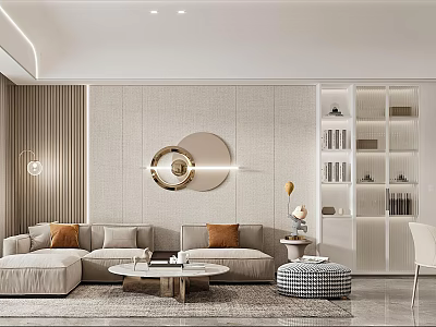 Modern Living Dining Room Interior Featuring Light Sofa Orange Cushions Coffee Table Circular Wall Art 3d model