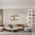 Modern Living Dining Room Interior Featuring Light Sofa Orange Cushions Coffee Table Circular Wall Art