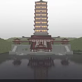 Traditional Ancient Chinese Architecture With Illuminated Pagoda Courtyard And Water Reflection