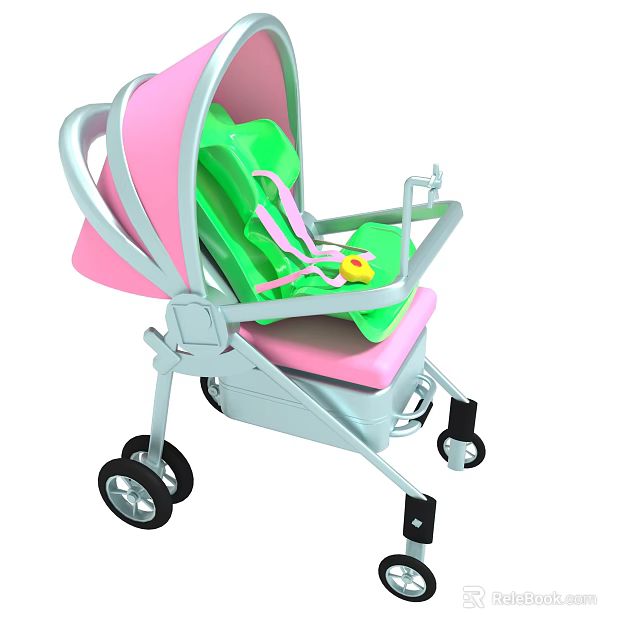Pink And Green Baby Stroller With Safety Harness Seat And Wheels 3d model 
