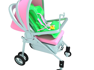 Pink And Green Baby Stroller With Safety Harness Seat And Wheels 3d model