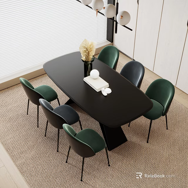 Modern Luxury Dining Table Set With Black Table Green Black Chairs And Decorations 3d model 