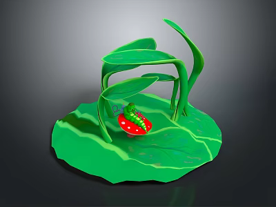 Cute Ladybug Resting On Red Mushroom With Green Leaves And Lily Pad Base 3d model