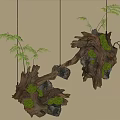 Hanging Decorative Wooden Root Sculptures with Green Moss Small Plants and Red Berries
